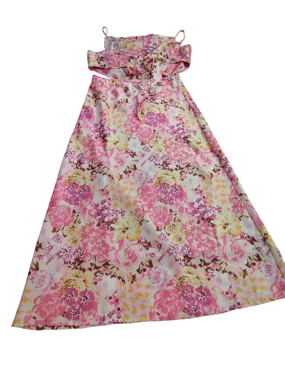 Shein Womens Floral Pink Maxi Dress With Adjustable Straps & Tie Waist